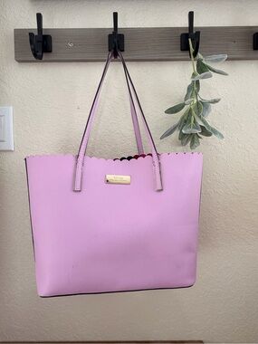 Trina Turk Pink Scallop-Edge Tote, Multicolored Interior, Gold Tone Logo, Vegan